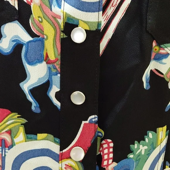 Womens Black Collared Mini Dress Button-Front Top with Colorful Print VINTAGE - Picture 3 of 5